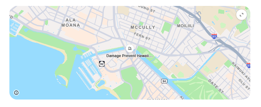 Map centered on coastal Honolulu area showing roads, water, and a marker labeled 'Damage Prevent Hawaii' near Ala Moana and McCully.