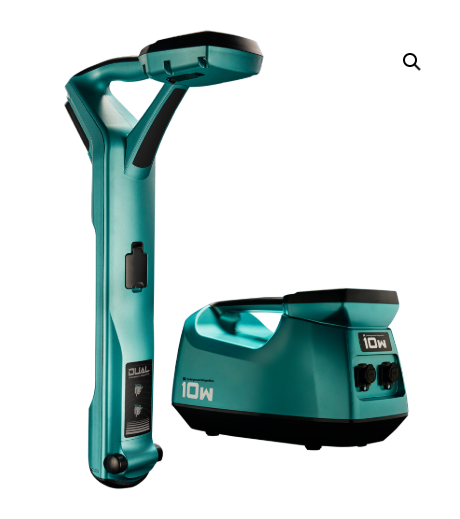 Teal cordless power tool with a long vertical handle beside a matching battery charging base labeled 10W.