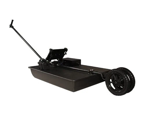 Black platform dolly with a long handle and a single large front wheel for moving heavy loads