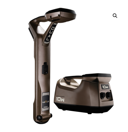 Brown metal detector with a vertical control stem and a detachable battery pack beside it, used for detecting metal underground.
