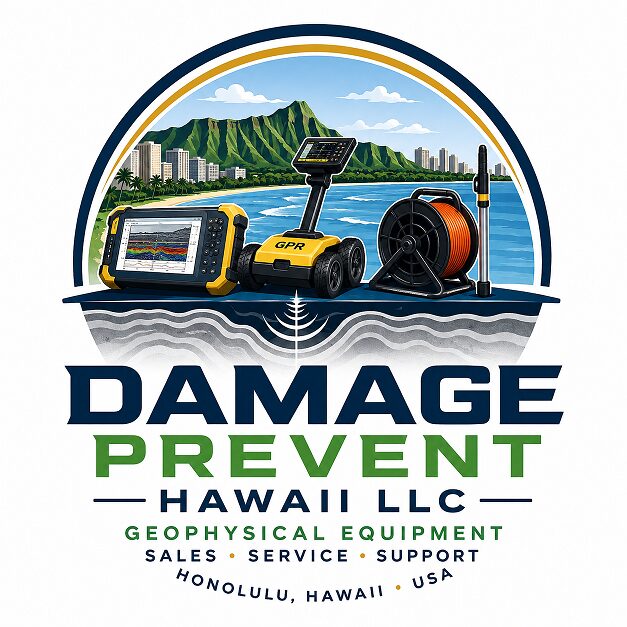 Company logo for Damage Prevent Hawaii LLC featuring ground-penetrating radar gear beside a coastal landscape and the text ‘DAMAGE PREVENT HAWAII LLC’ with ‘Geophysical Equipment’ subtitle.