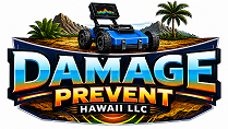 Logo for Damage Prevent Hawaii LLC: blue off-road vehicle on a tropical island with palm trees and bold blue lettering of the company name.